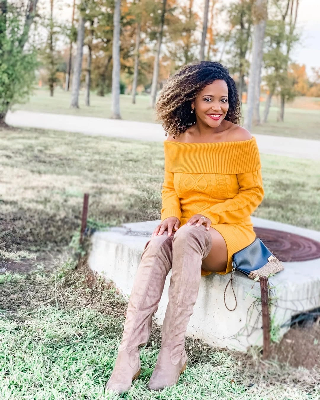 fall sweater dress outfits 2026 + Golden Off-the-Shoulder Knit With Taupe Over-the-Knee Boots