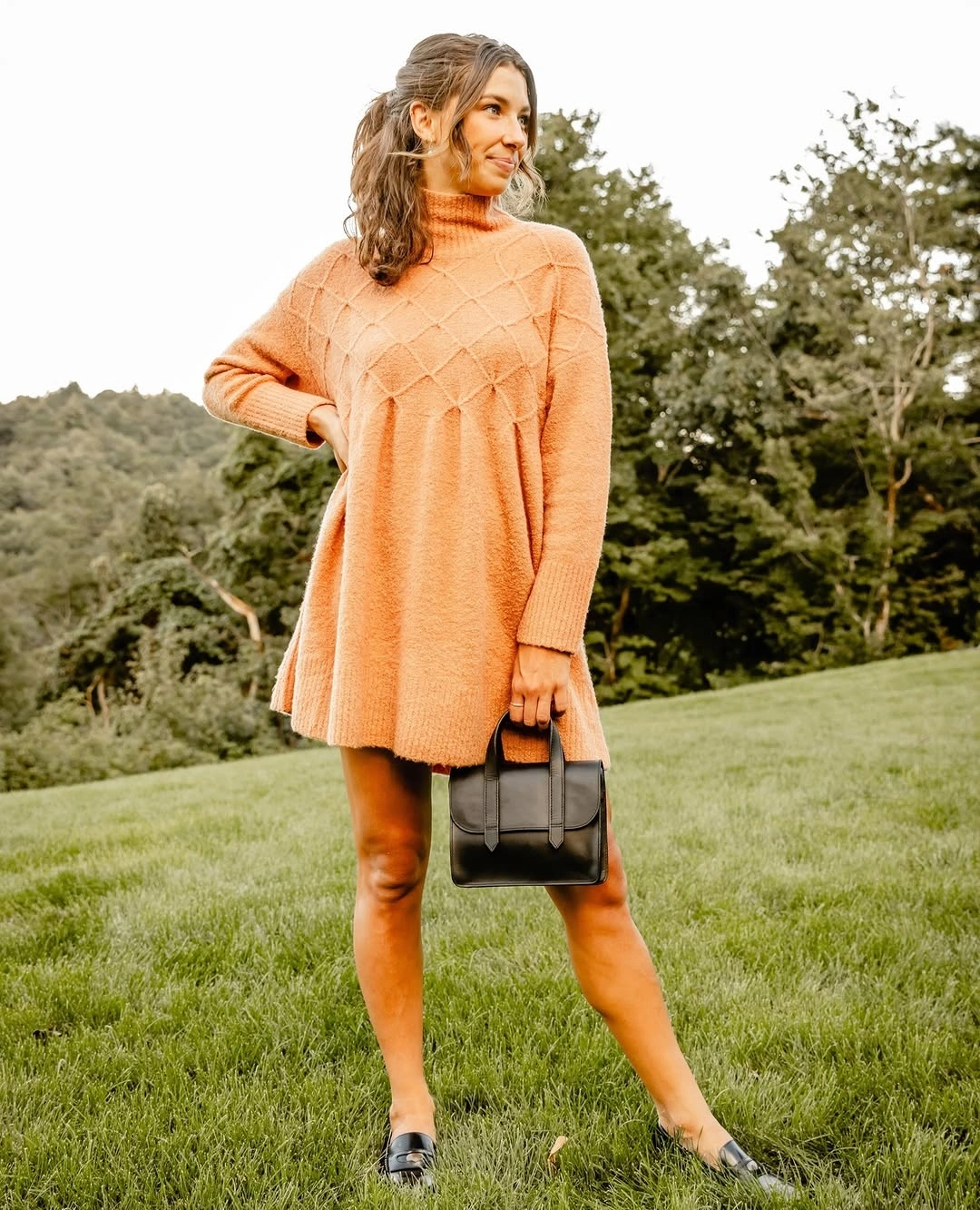 fall sweater dress outfits 2026 + Soft Peach Cable Knit With Loafers for Transitional Weather