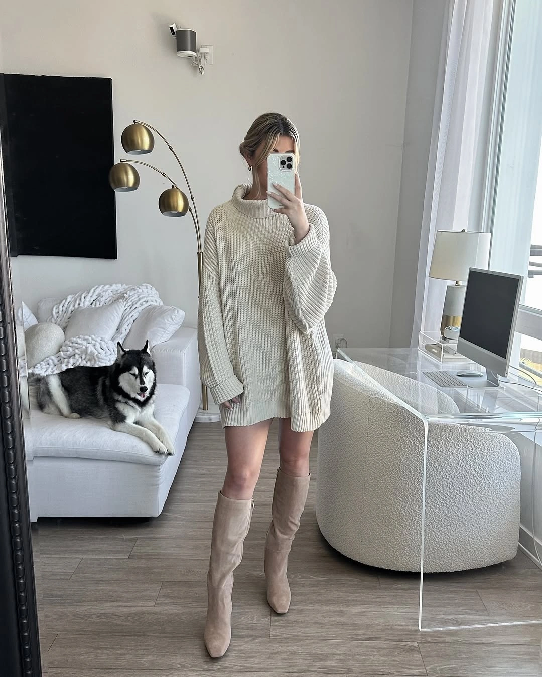 fall sweater dress outfits 2026 + Chunky Ivory Sweater Dress and Taupe Knee Boots
