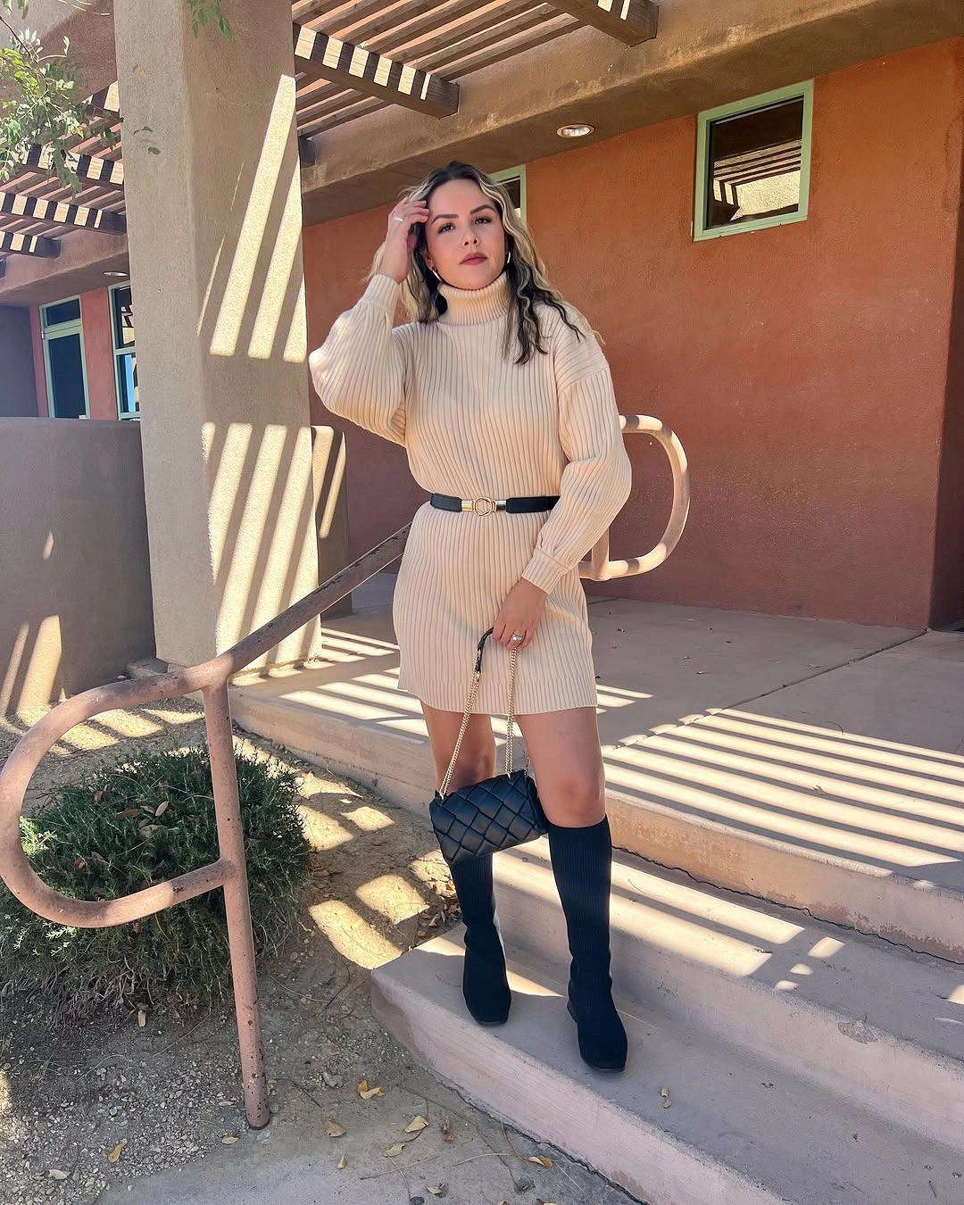 fall sweater dress outfits 2026 + Belted Ribbed Mini Dress With Black Knee-High Boots