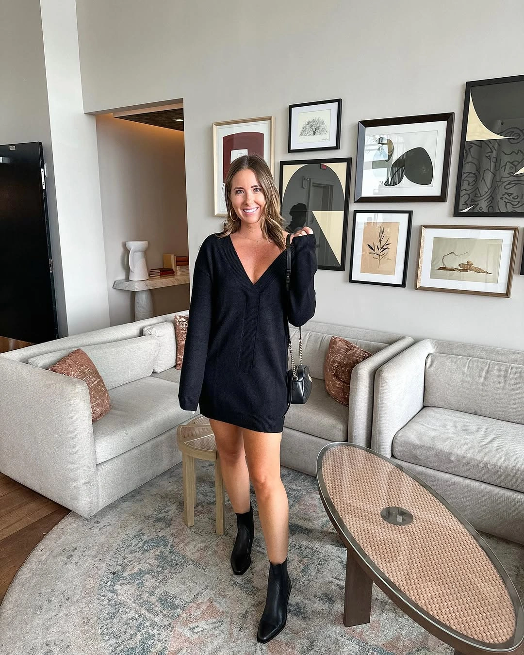 fall sweater dress outfits 2026 + Black V-Neck Sweater Dress With Sleek Ankle Boots