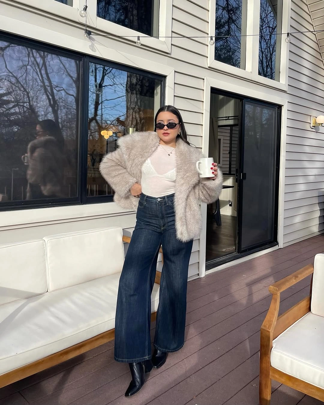 faux fur jacket Pale Taupe Fur With Dark Wide-Leg Denim