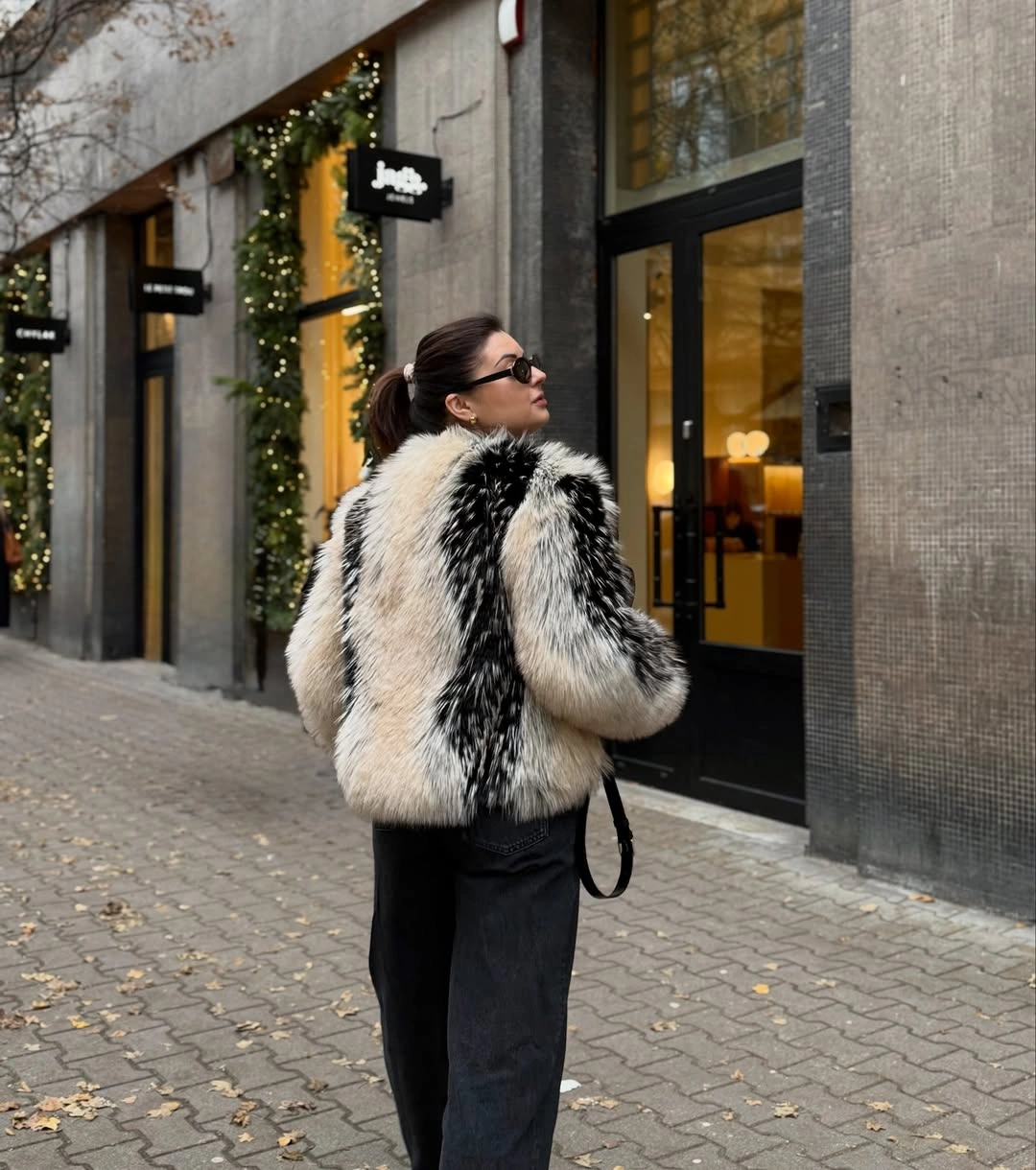 faux fur jacket Graphic Cream and Black Jacket From the Back