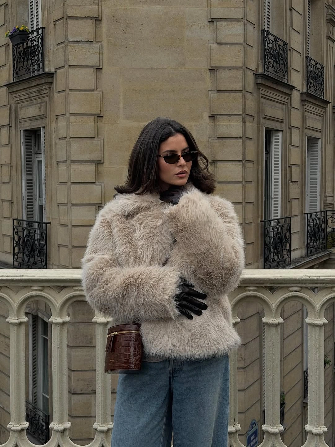 faux fur jacket Light Gray Shaggy Jacket With Blue Jeans and Brown Leather