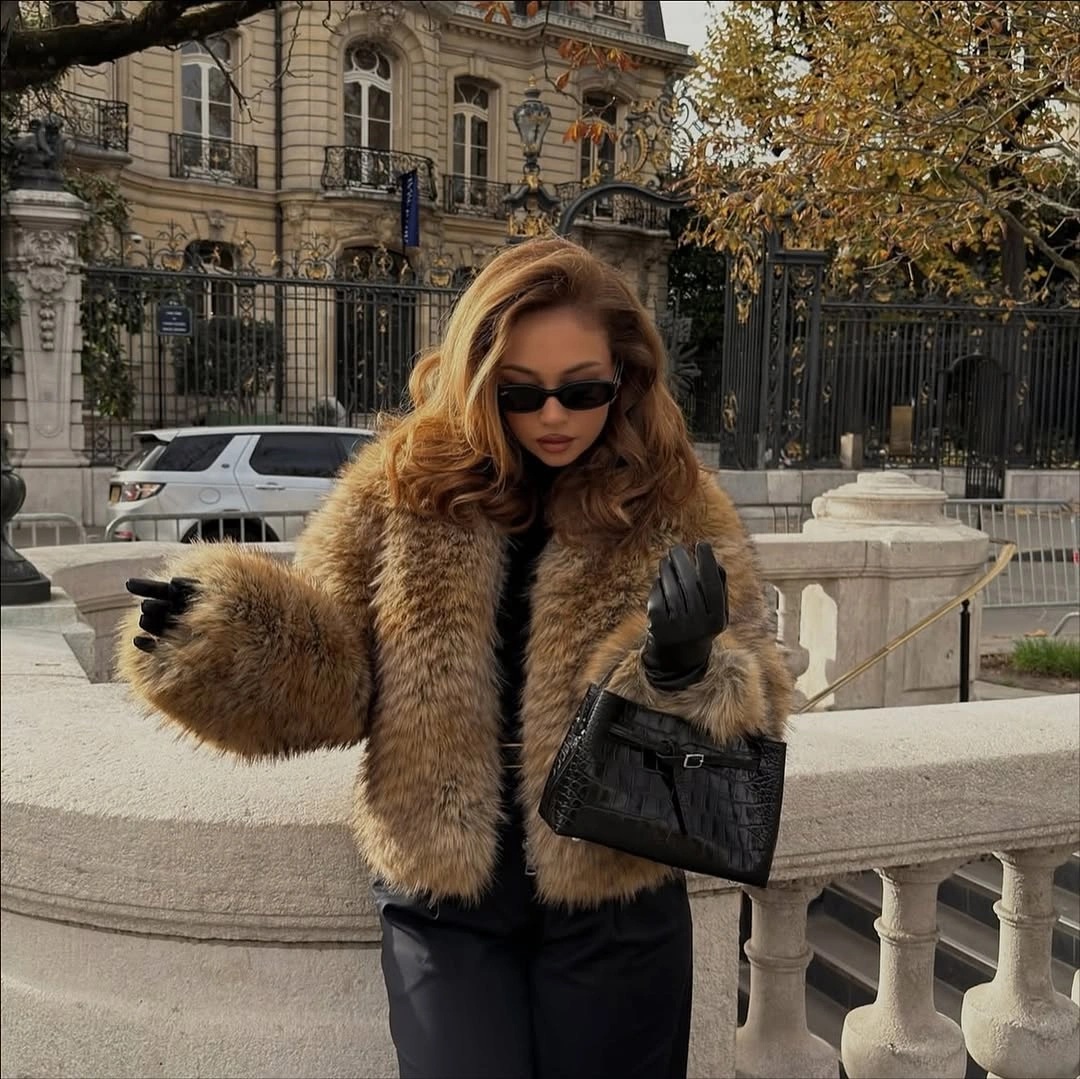 faux fur jacket Warm Tan Fur Jacket With Sleek Black Pieces
