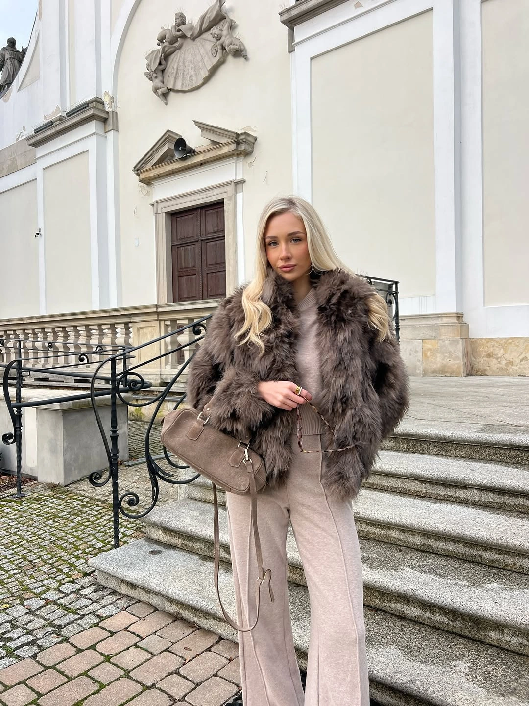 faux fur jacket Smoky Taupe Feathered Jacket With Beige Knits
