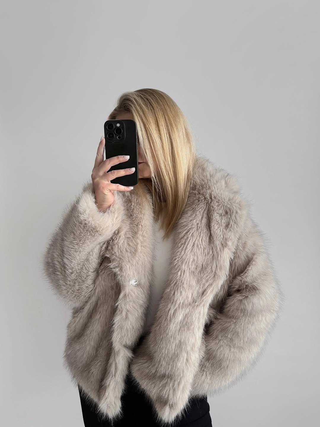 faux fur jacket Pale Gray Oversized Jacket With a Minimal Black Base
