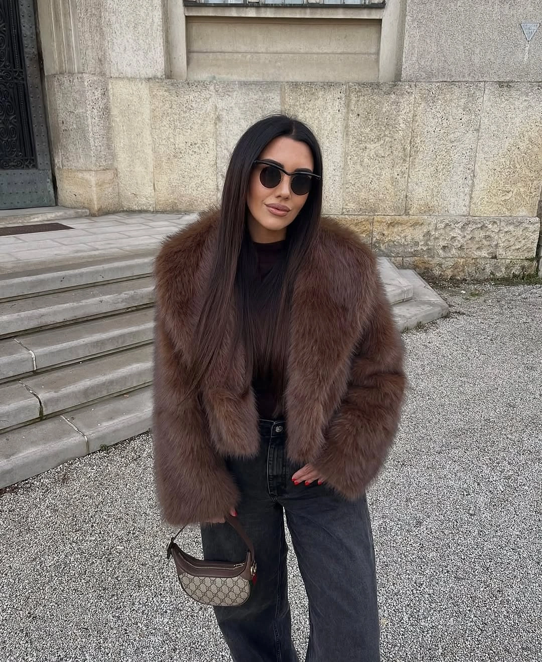 faux fur jacket Deep Brown Fur Jacket With Charcoal Denim
