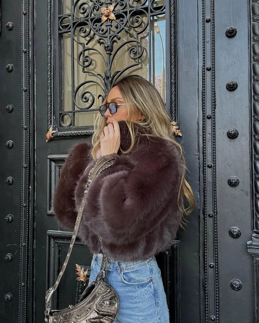faux fur jacket Chocolate Cropped Jacket With Denim and Metallic Leather
