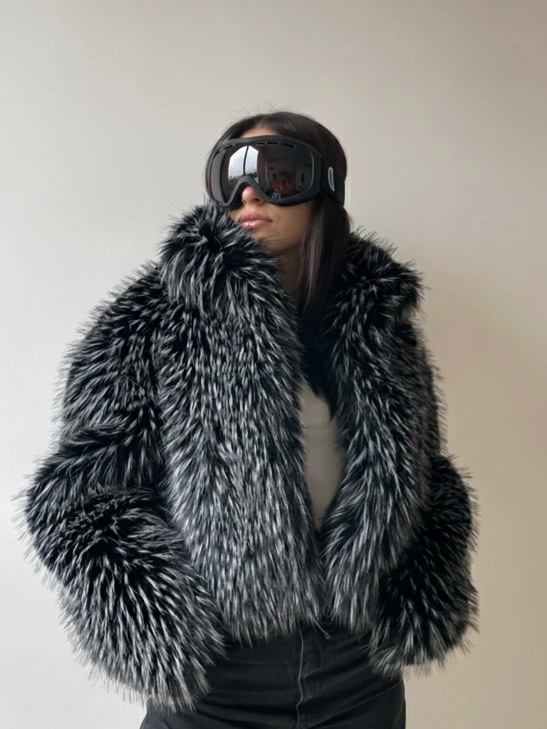 faux fur jacket Black and Silver Fur Jacket With Futuristic Goggles