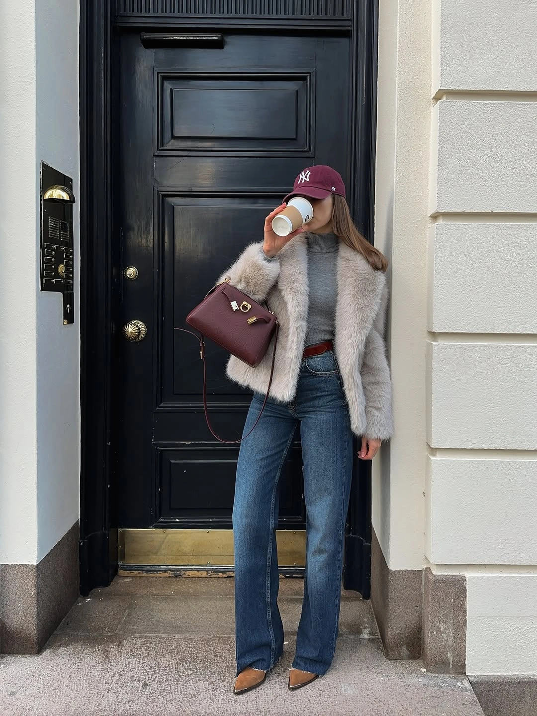 faux fur jacket Light Gray Fur Jacket With Burgundy and Blue Denim