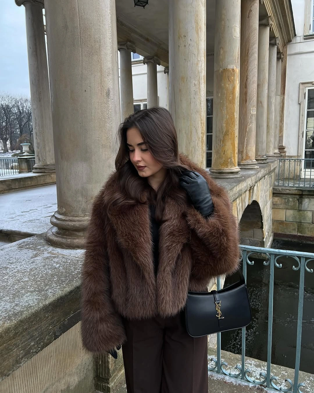 faux fur jacket Deep Brown Fur Jacket With Tonal Trousers