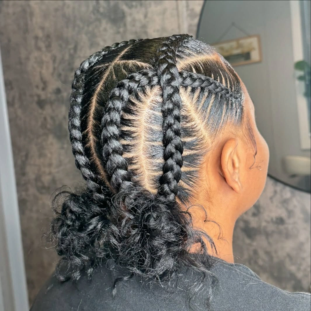 feed in braid hairstyles Curly Low Feed-In Braids With Chunky Rows