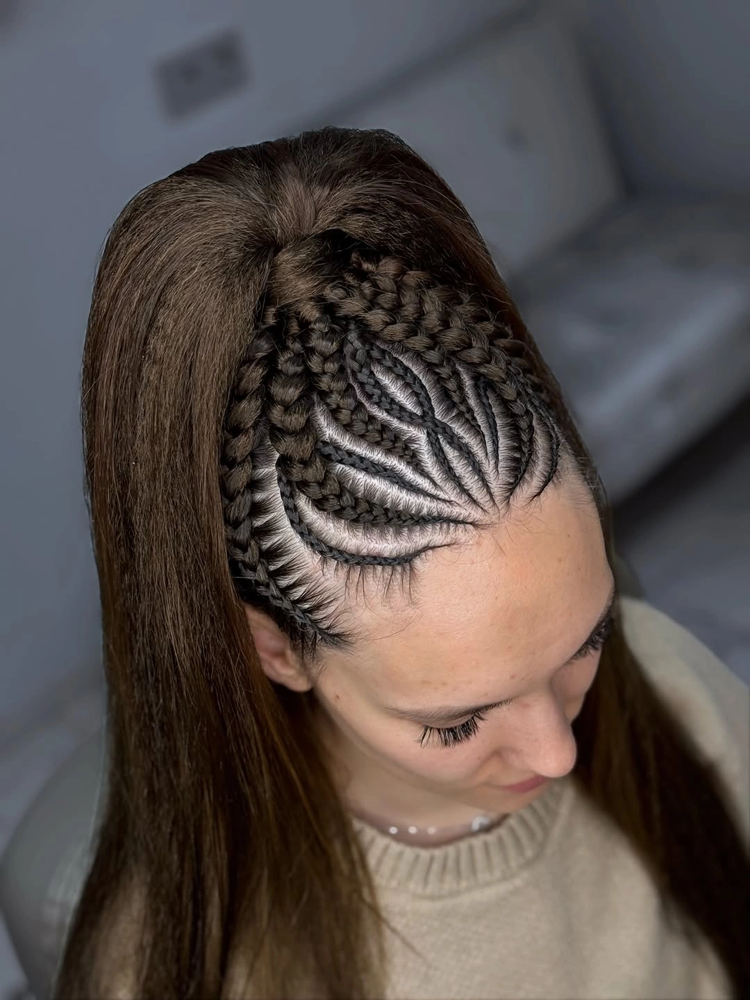 feed in braid hairstyles Half-Up Micro Feed-In Detail With Straight Lengths