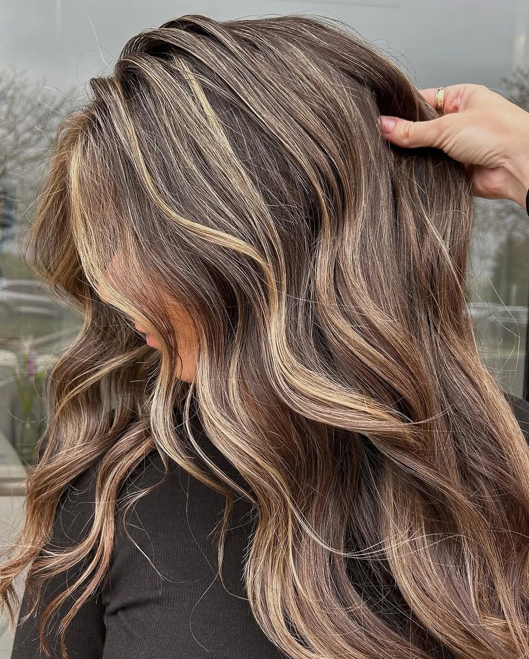full head babylights blonde on brown hair High-Contrast Ribbon Babylights On Rich Brown Hair