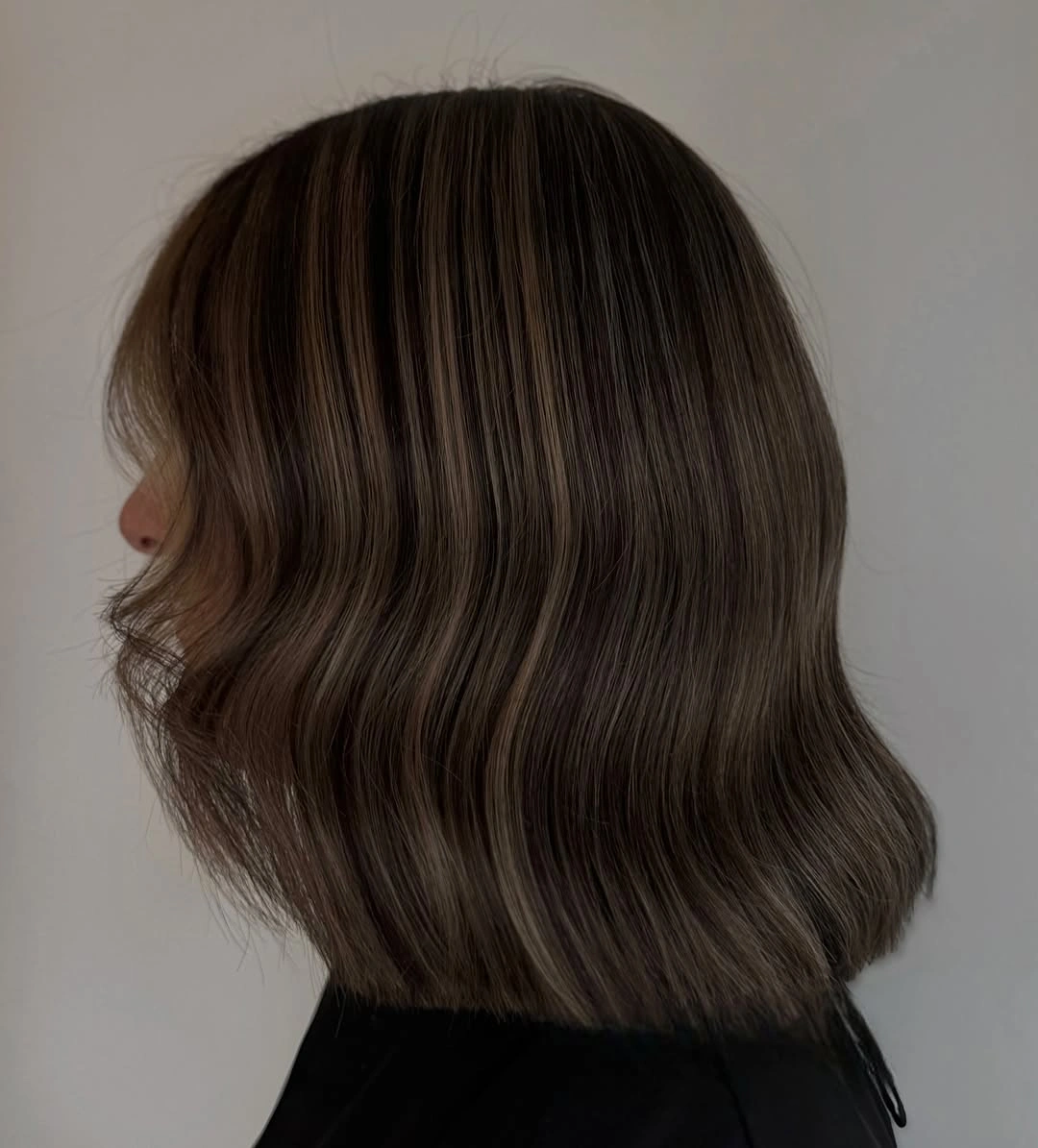 full head babylights blonde on brown hair Short Brunette Bob With Subtle Blonde Threads