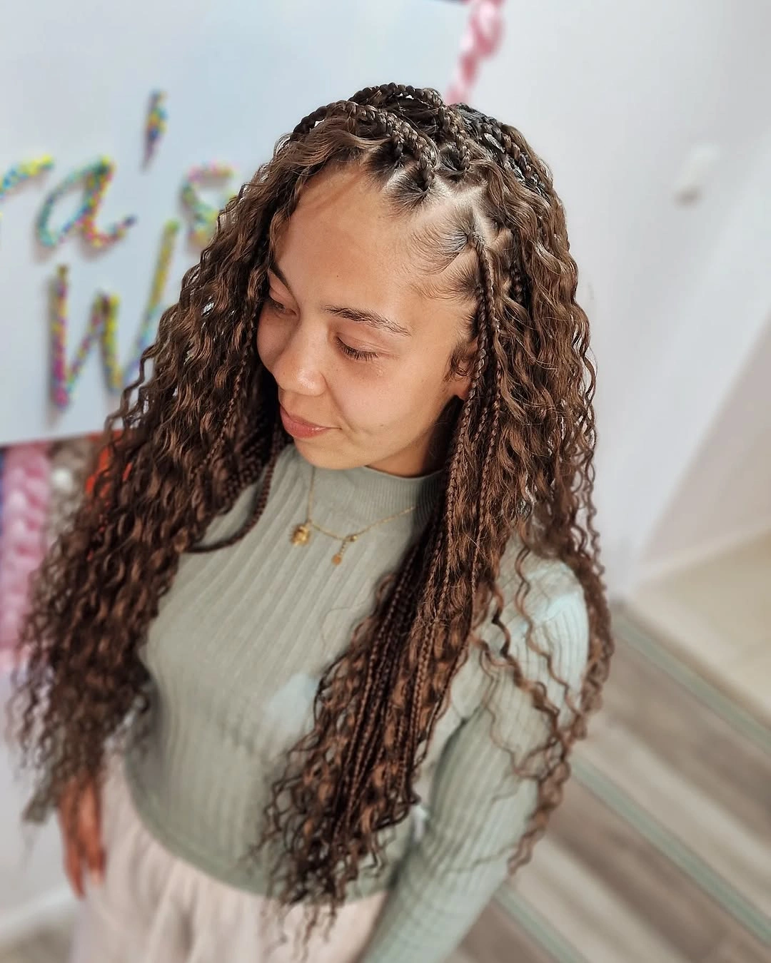 goddess braid Side-Swept Brunette Goddess Braids With Crown Detail