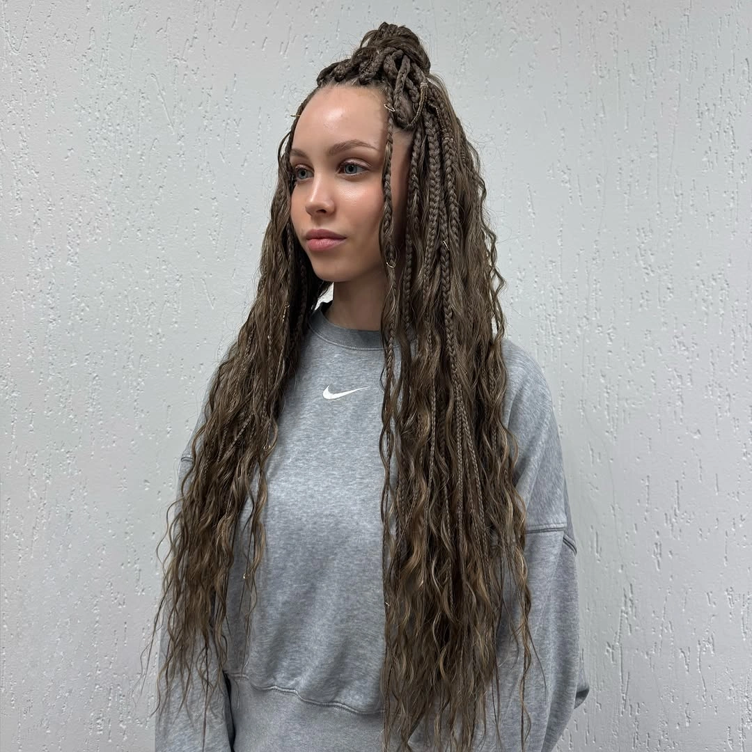 goddess braid Long Taupe Goddess Braids With A Soft Top Knot