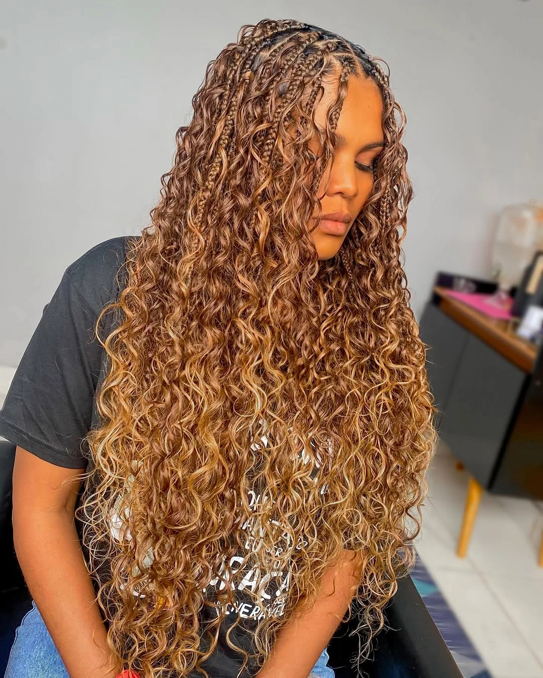 goddess braid Caramel Blonde Goddess Braids With Big Curly Volume