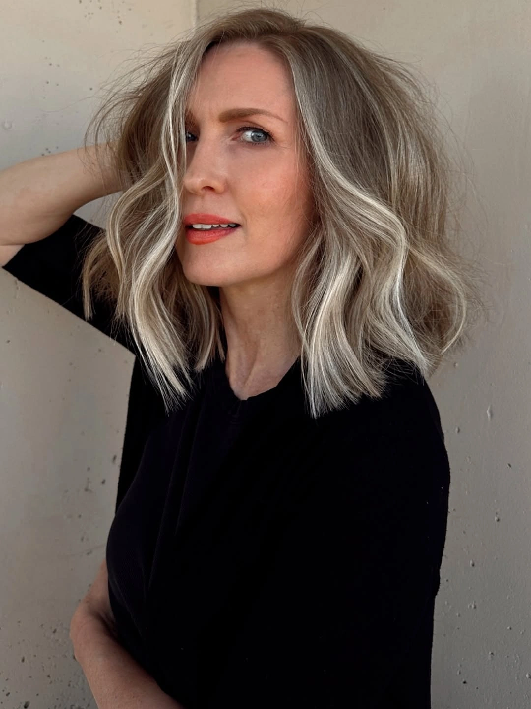 hair lowlights color ideas and inspiration Taupe Lob With Bright Silver Face Ribbons