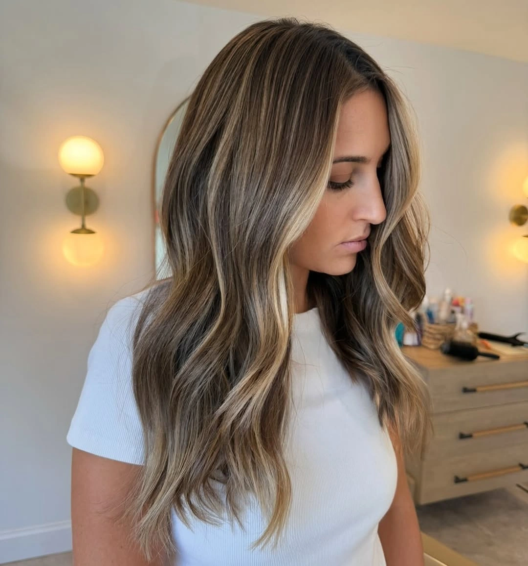 hair lowlights color ideas and inspiration Long Brunette With High-Contrast Blonde Ribbons