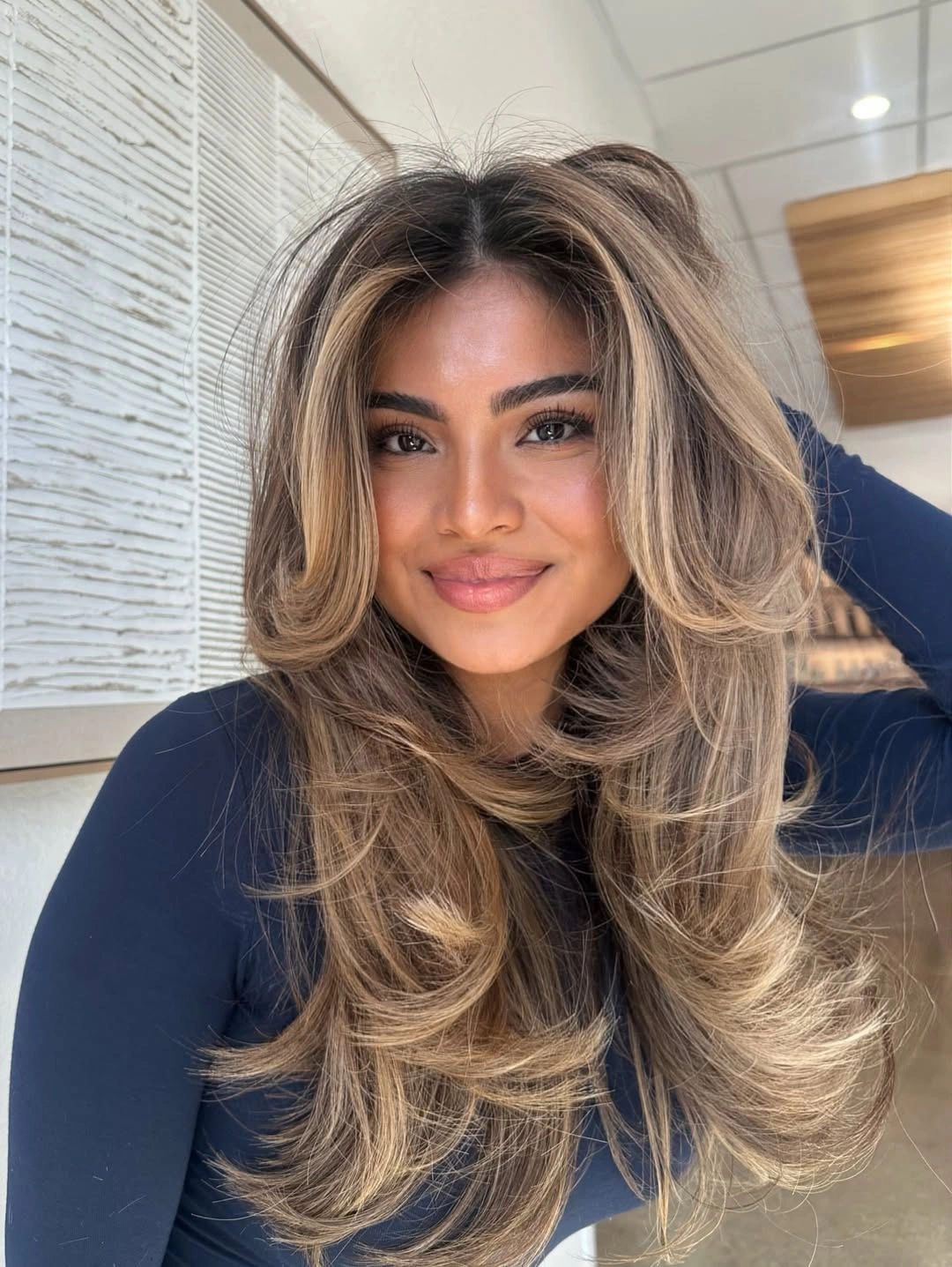 hair lowlights color ideas and inspiration Caramel Bronde Butterfly Cut With Mocha Depth