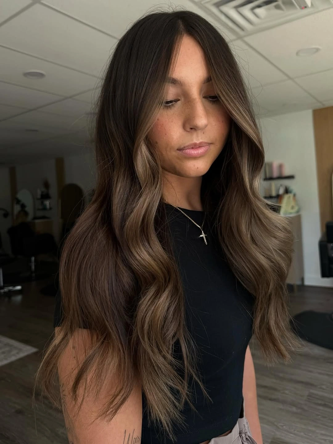hair lowlights color ideas and inspiration Glossy Mocha Brunette With Chocolate Depth