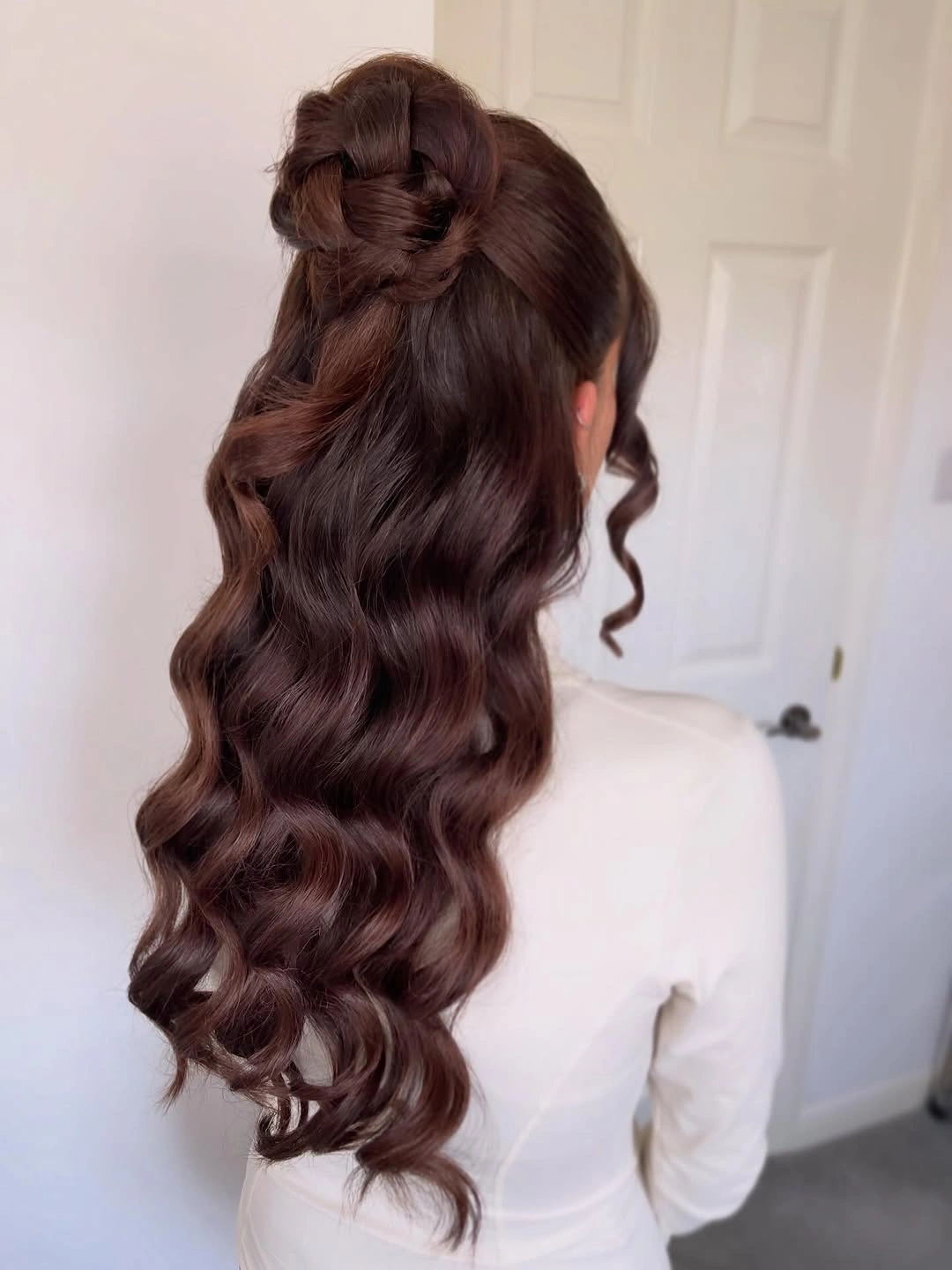 heatless curls hairstyle Half-Up Bun With Merlot Waves