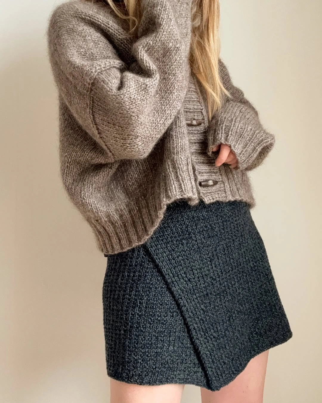knit skirt outfits fall 2026 + Grey Cardigan With A Dark Short Knit Skirt
