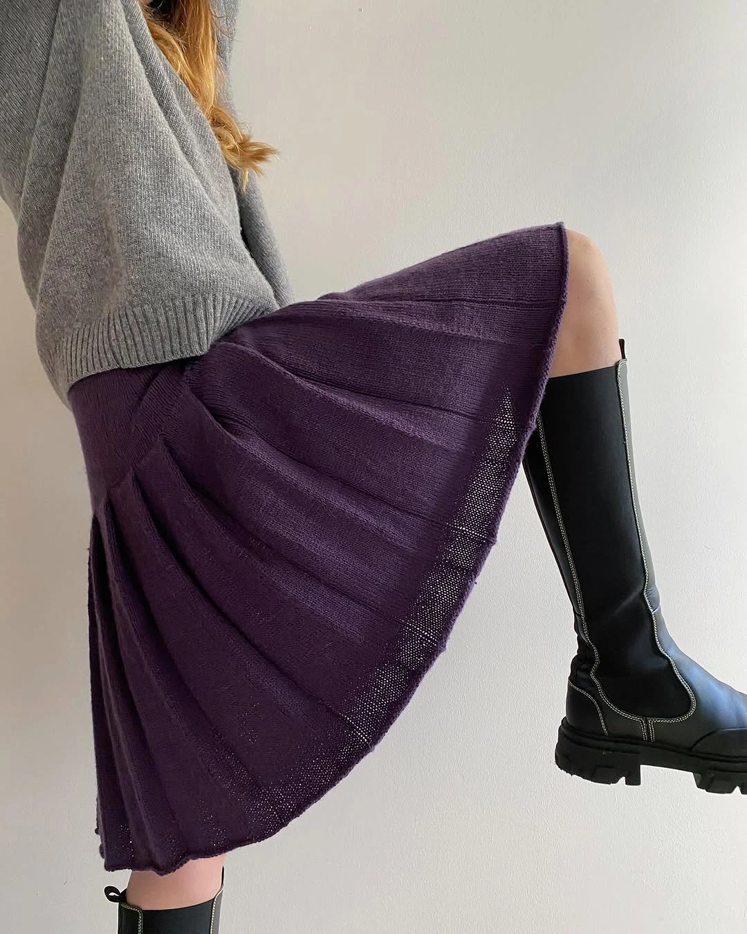 knit skirt outfits fall 2026 + Grey Sweater With A Purple Ribbed Midi Skirt