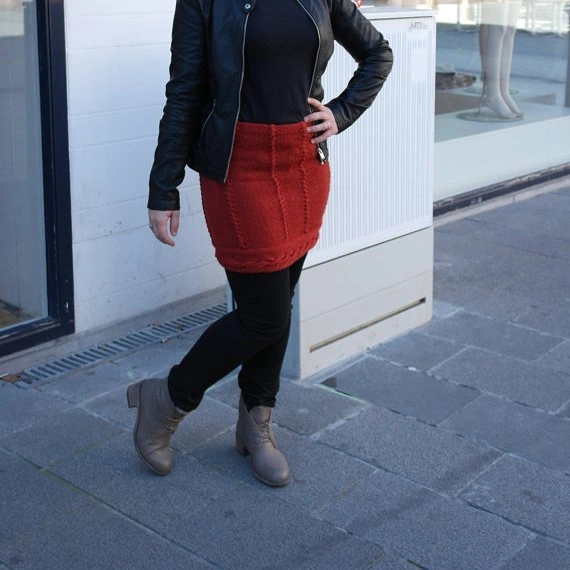 knit skirt outfits fall 2026 + Red Knit Mini With A Black Leather Jacket