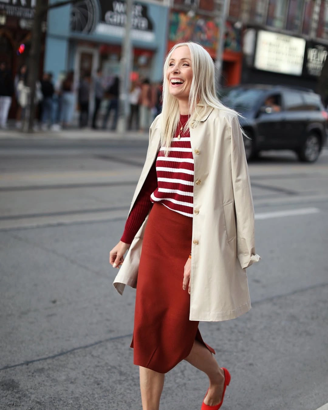 knit skirt outfits fall 2026 + Striped Knit Top With A Rust Midi Skirt