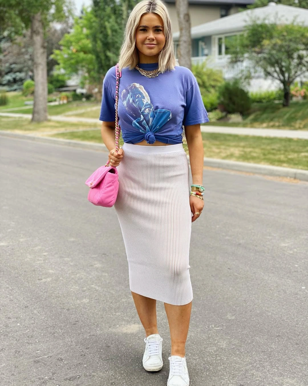 knit skirt outfits fall 2026 + Ribbed White Midi Skirt With A Graphic Tee