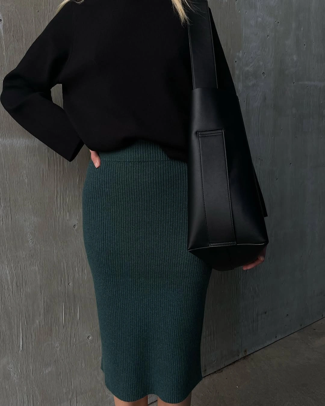 knit skirt outfits fall 2026 + Black Sweater And Green Ribbed Midi Skirt