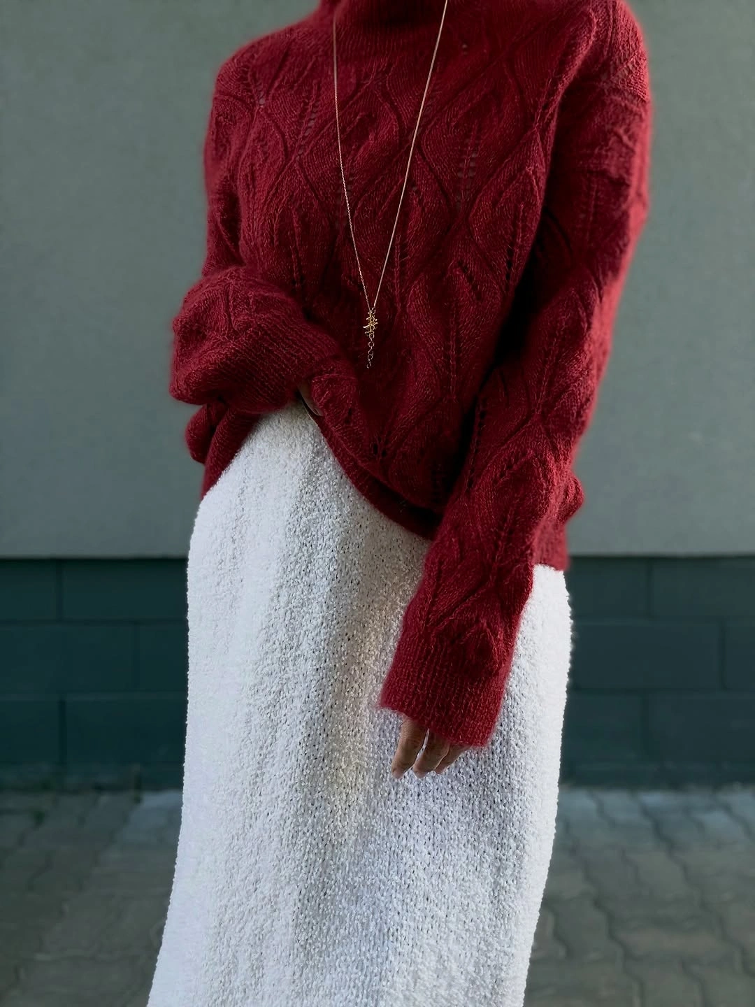 knit skirt outfits fall 2026 + Burgundy Cable Sweater With A White Knit Skirt