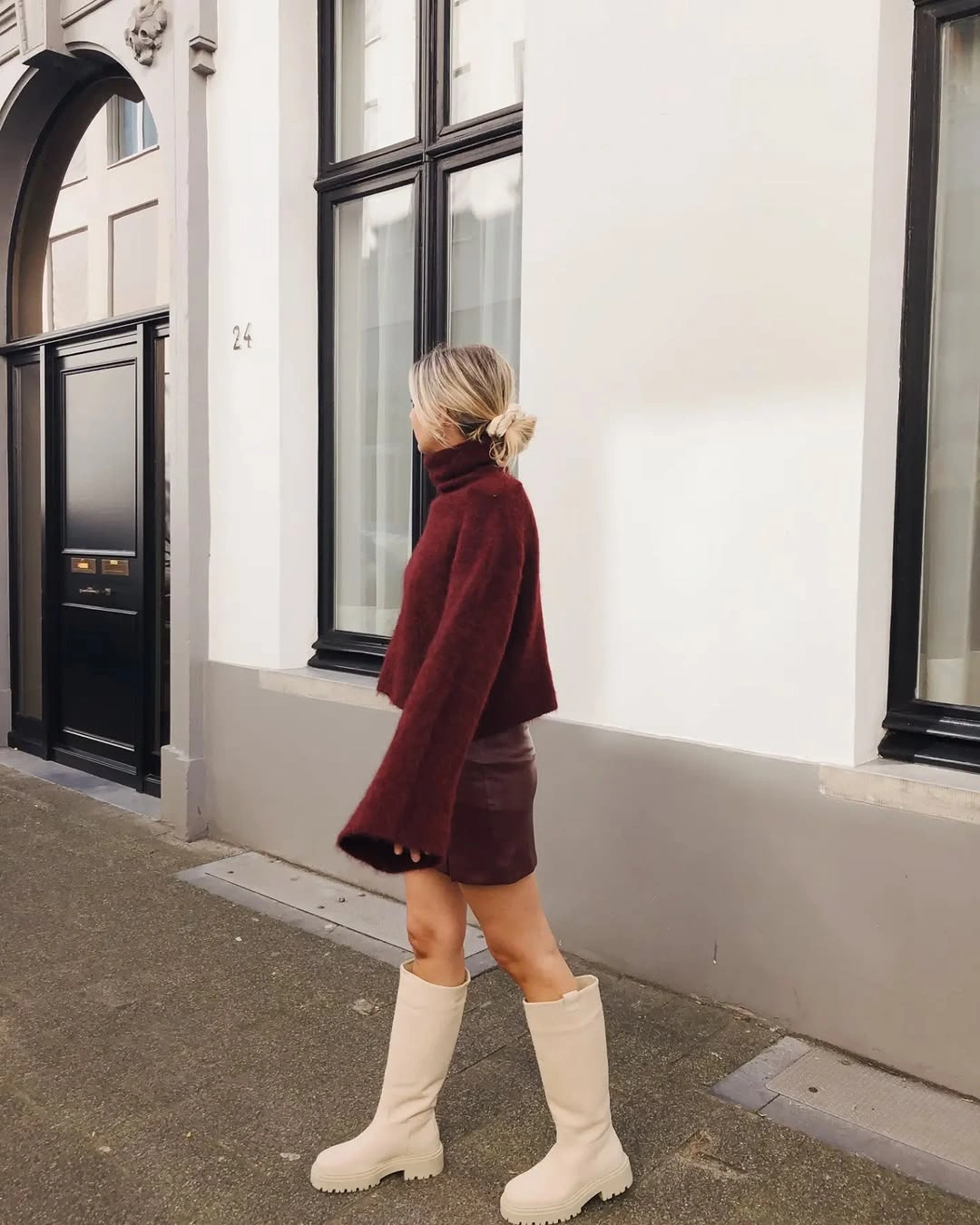 knit skirt outfits fall 2026 + Burgundy Texture With Cream Tall Boots