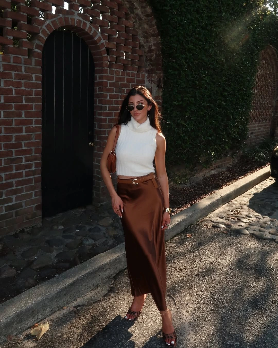 knit skirt outfits fall 2026 + White Sleeveless Knit With A Brown Long Skirt
