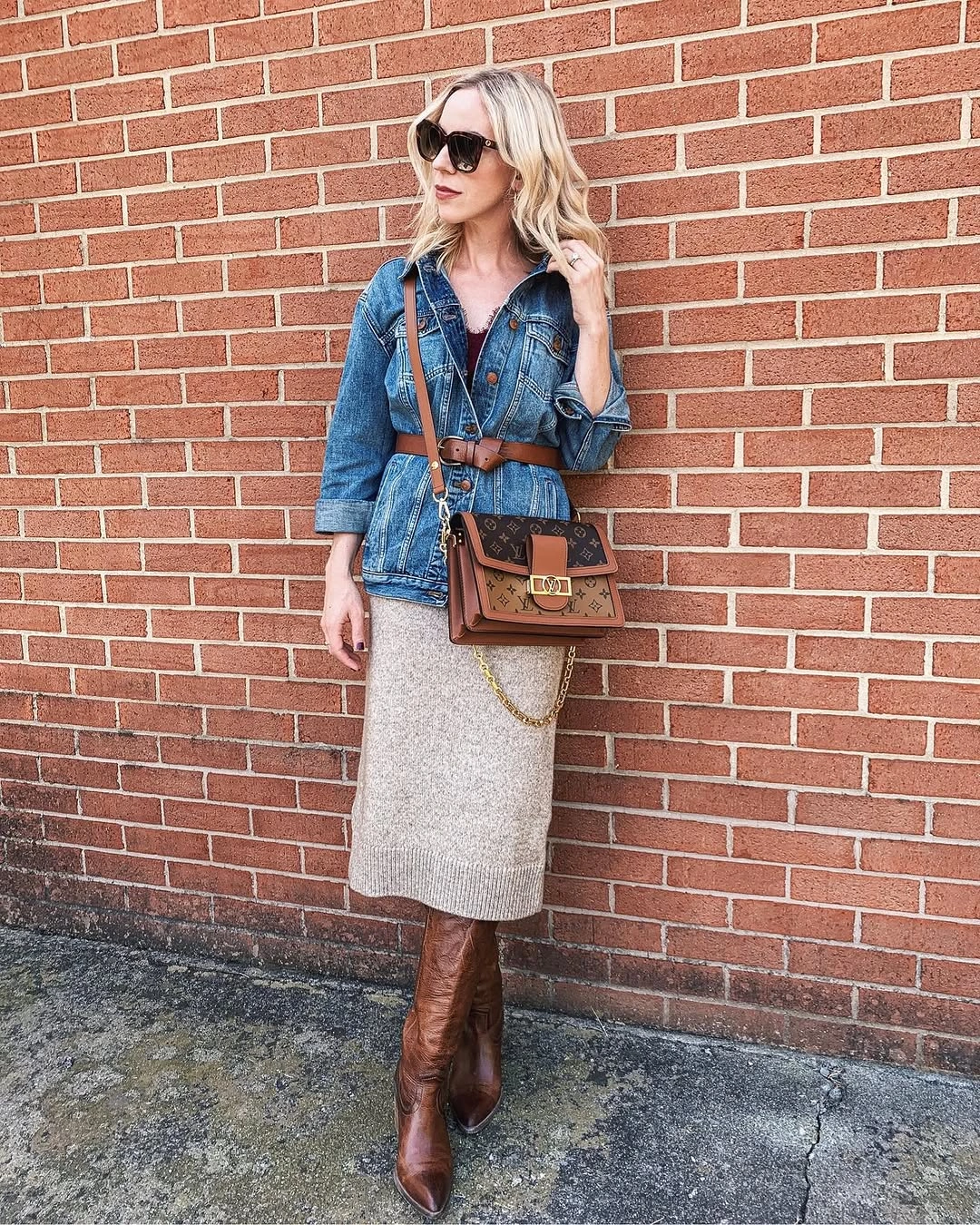 knit skirt outfits fall 2026 + Denim Jacket Over A Beige Knit Midi Skirt