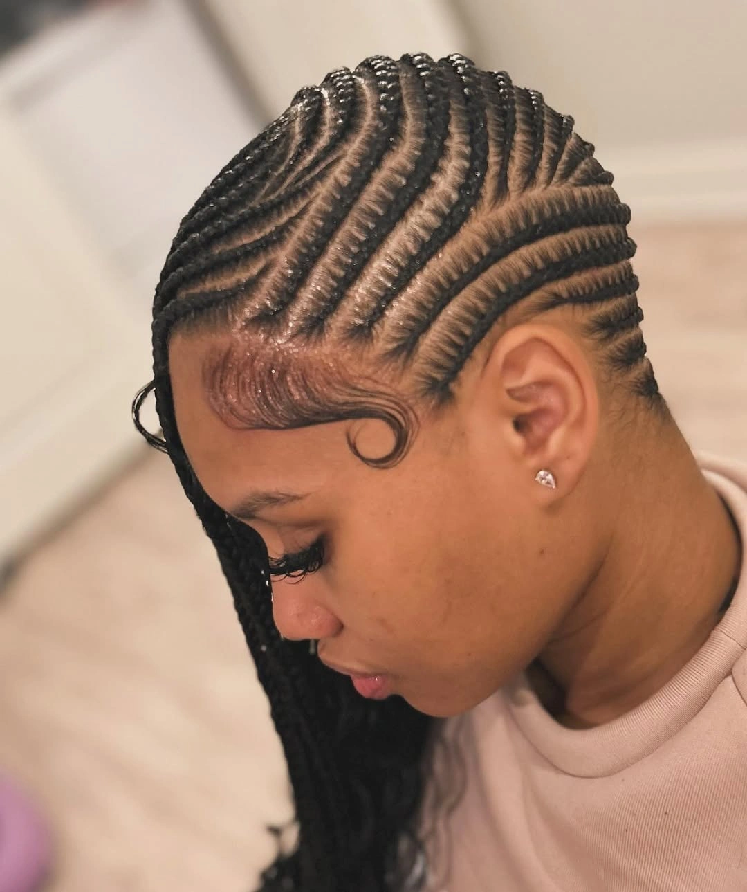 lemonade braid hairstyle Glossy Black Stitch Lemonade Braids With Defined Edges