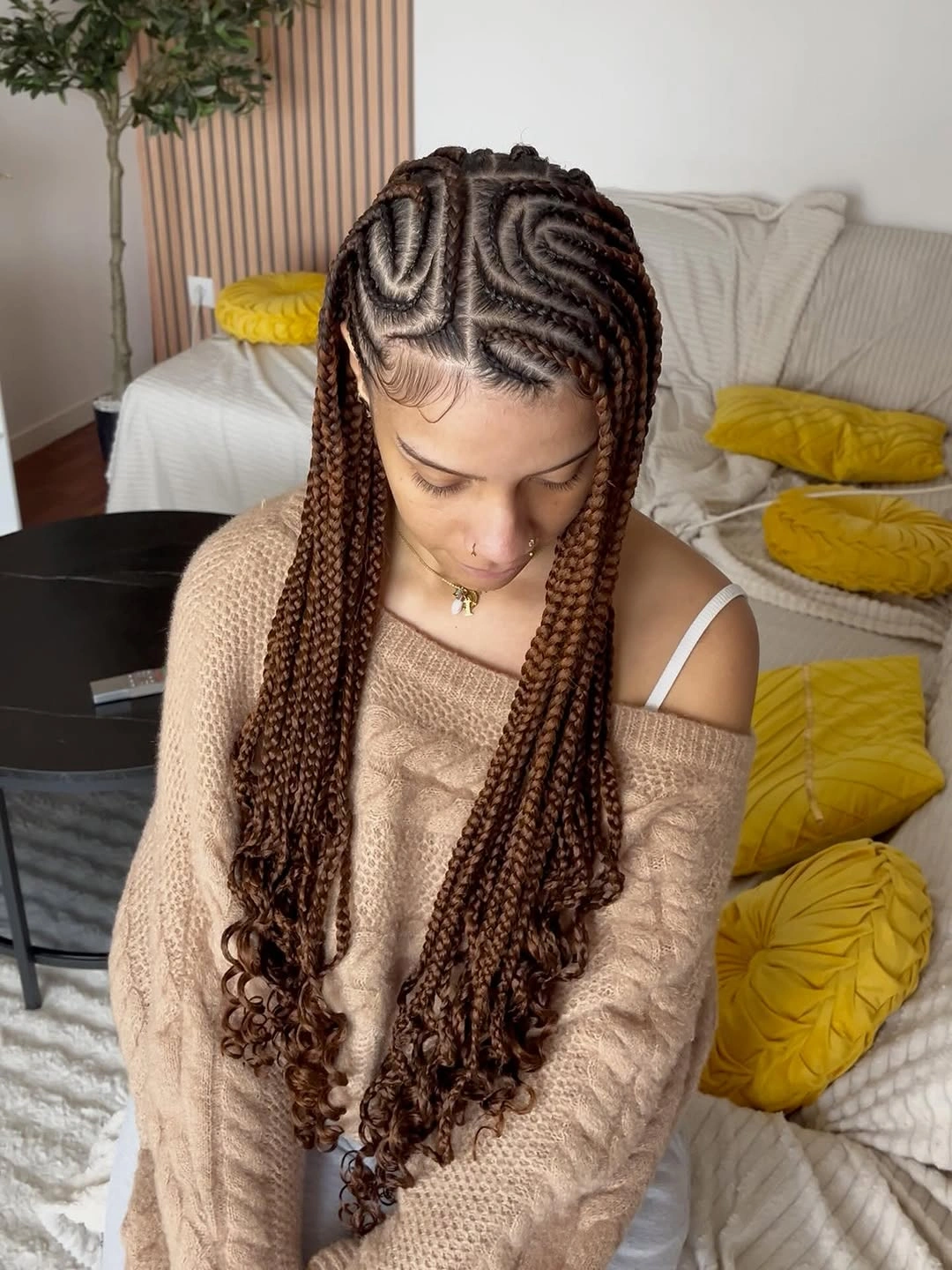 lemonade braid hairstyle Brown Curled Lemonade Braids With Sculpted Parting