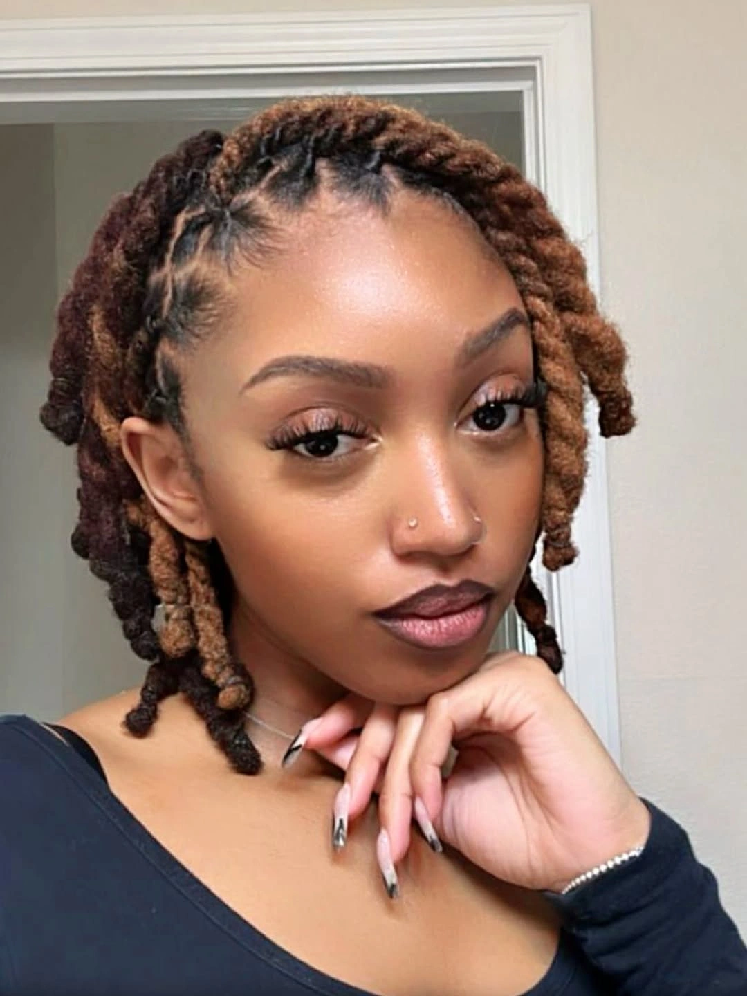 locs hairstyles for black women Soft Copper Short Locs With Face-Framing Shape