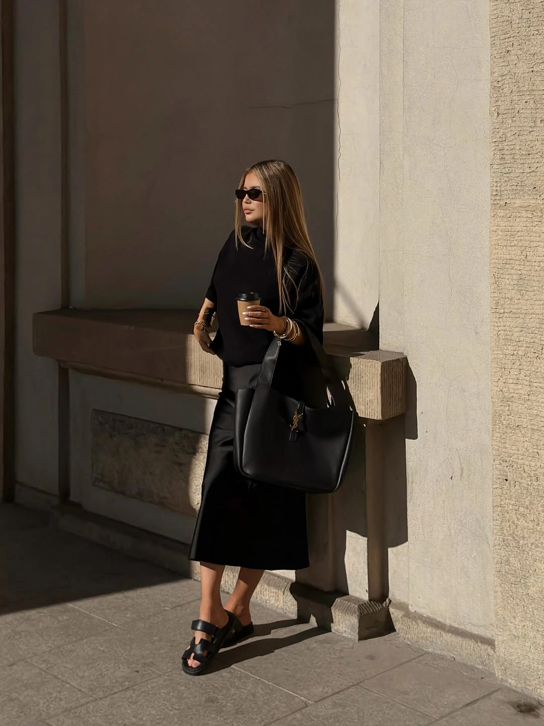 midi skirt fall outfit 2026 + Black Satin Midi Skirt With an Oversized Sweater