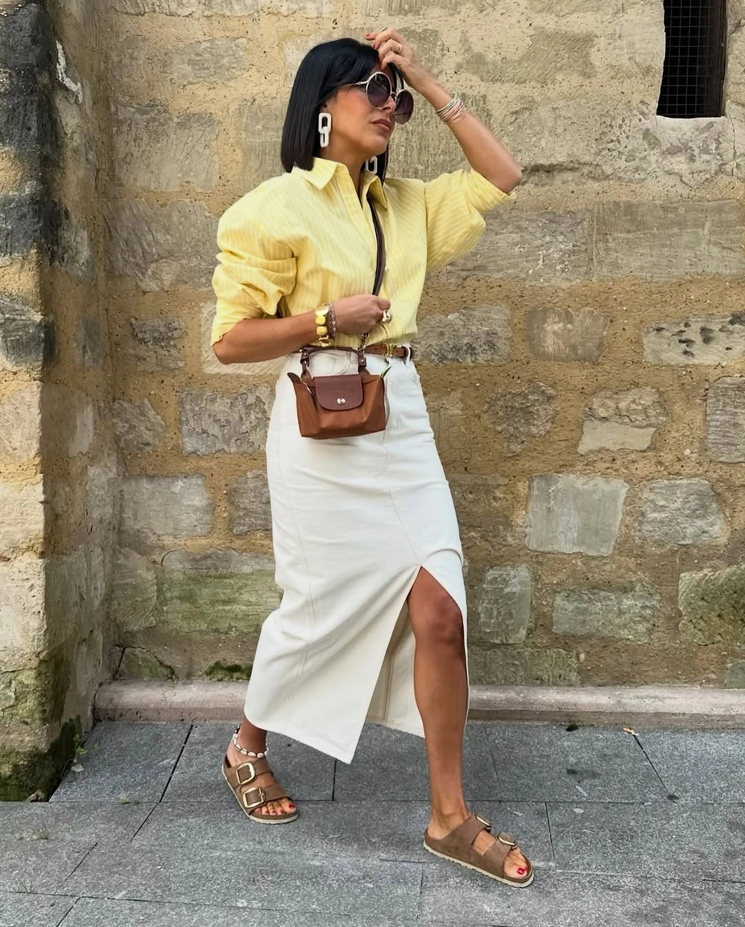 midi skirt fall outfit 2026 + Sunny Yellow Shirt and White Slit Midi Skirt