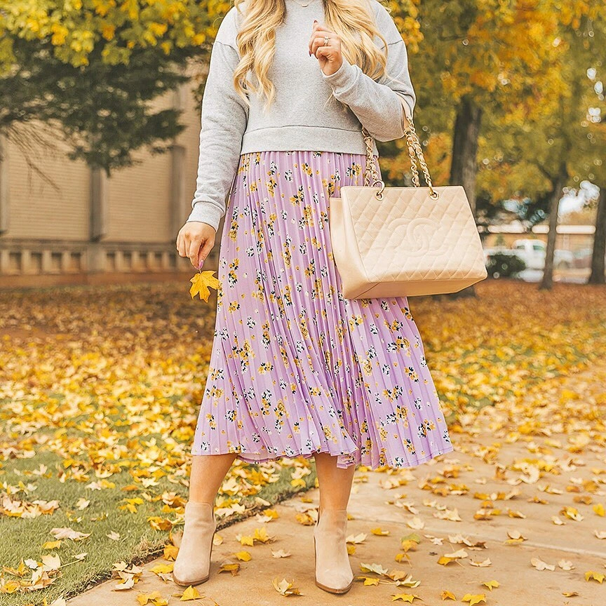 midi skirt fall outfit 2026 + Pink Floral Pleats With a Relaxed Grey Sweatshirt