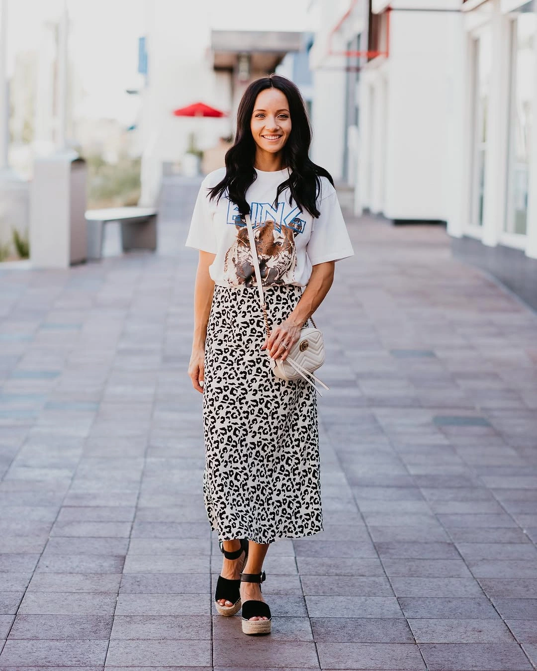midi skirt fall outfit 2026 + Graphic Tee and Leopard Satin Midi Skirt