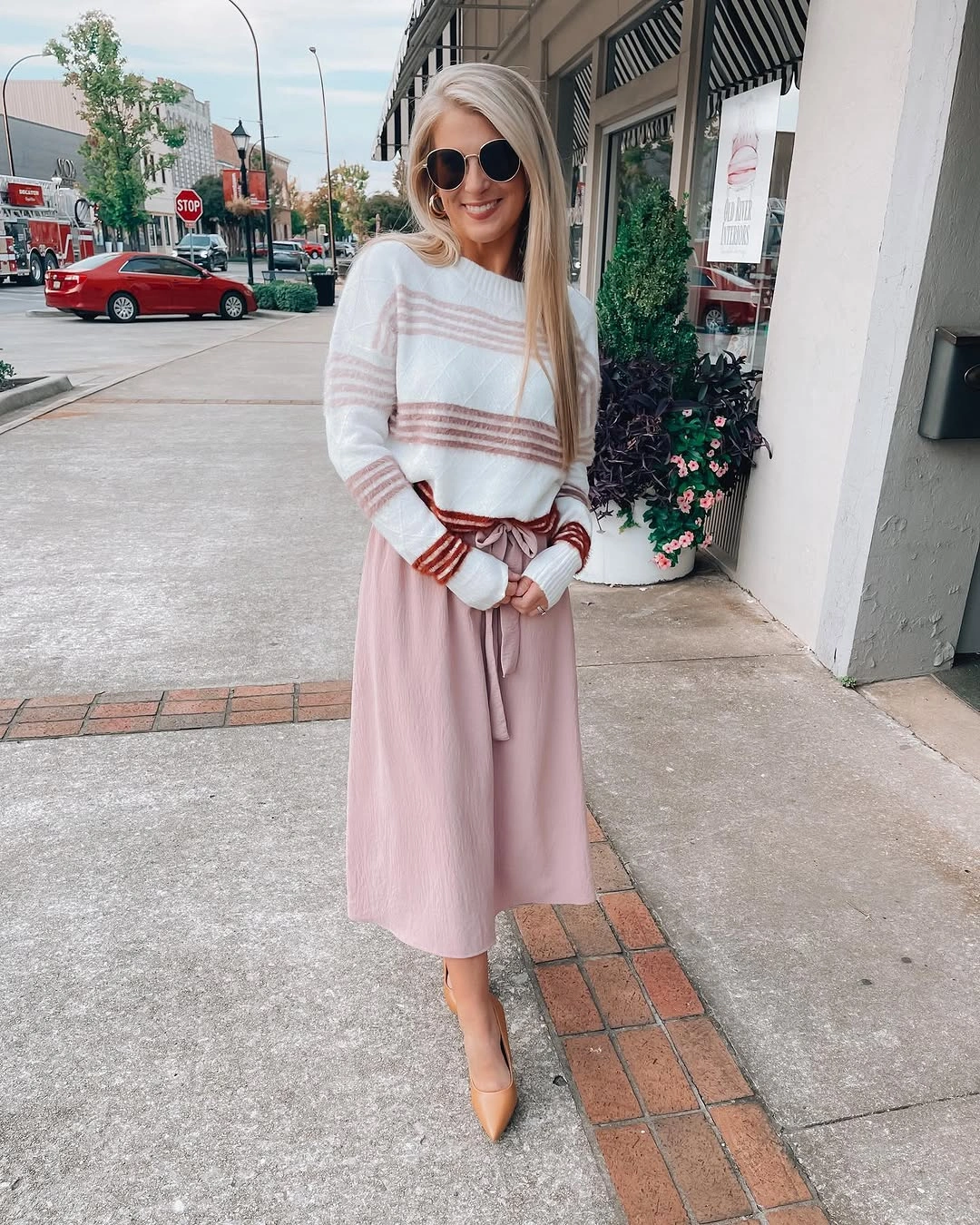 midi skirt fall outfit 2026 + Soft Pink Midi Skirt With a Striped White Sweater