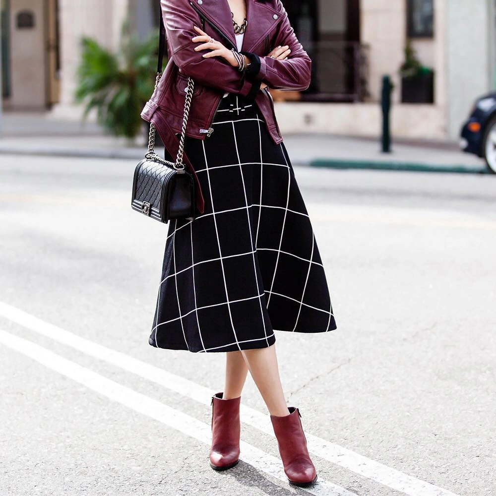 midi skirt fall outfit 2026 + Burgundy Moto Jacket and Black Windowpane Midi Skirt