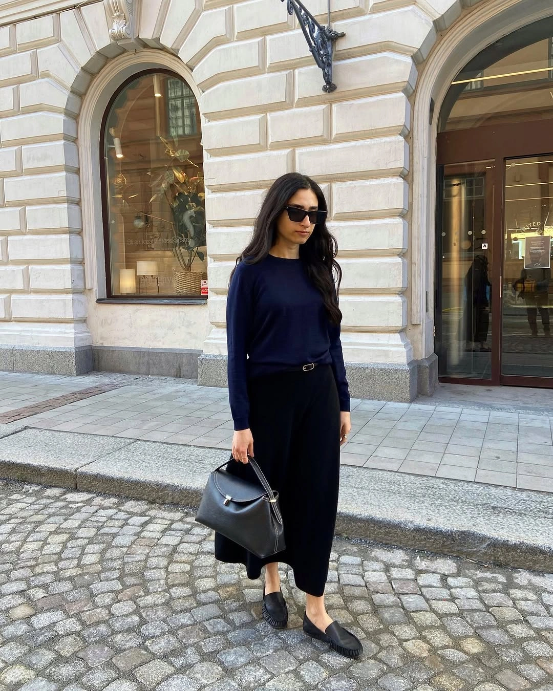 midi skirt fall outfit 2026 + Navy Sweater and Black A-Line Midi Skirt