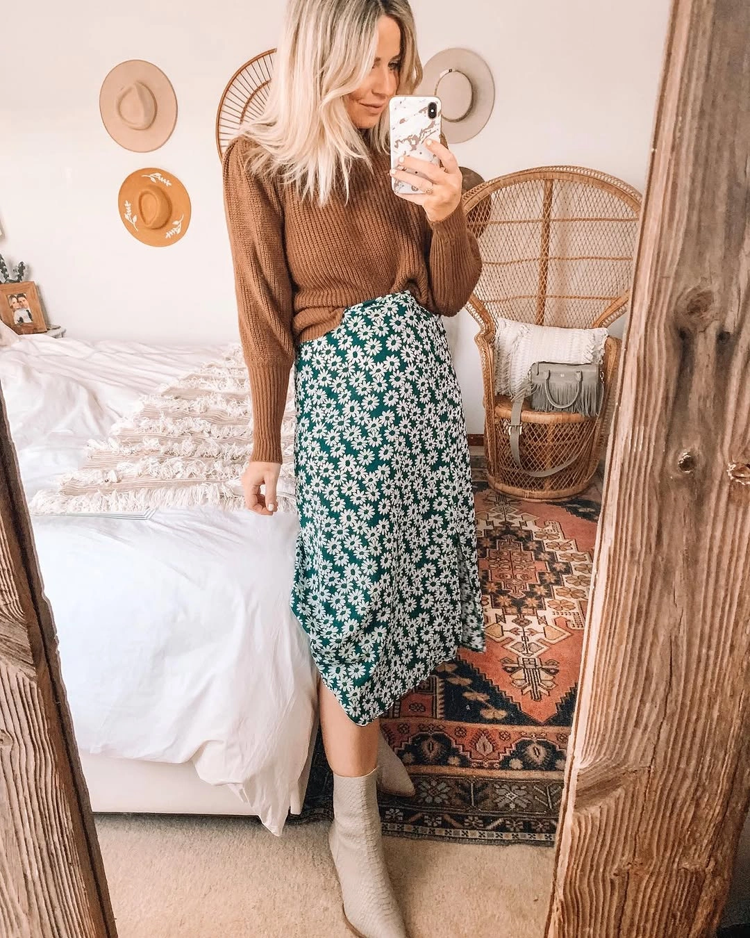 midi skirt fall outfit 2026 + Ribbed Brown Sweater and Green Daisy Midi Skirt
