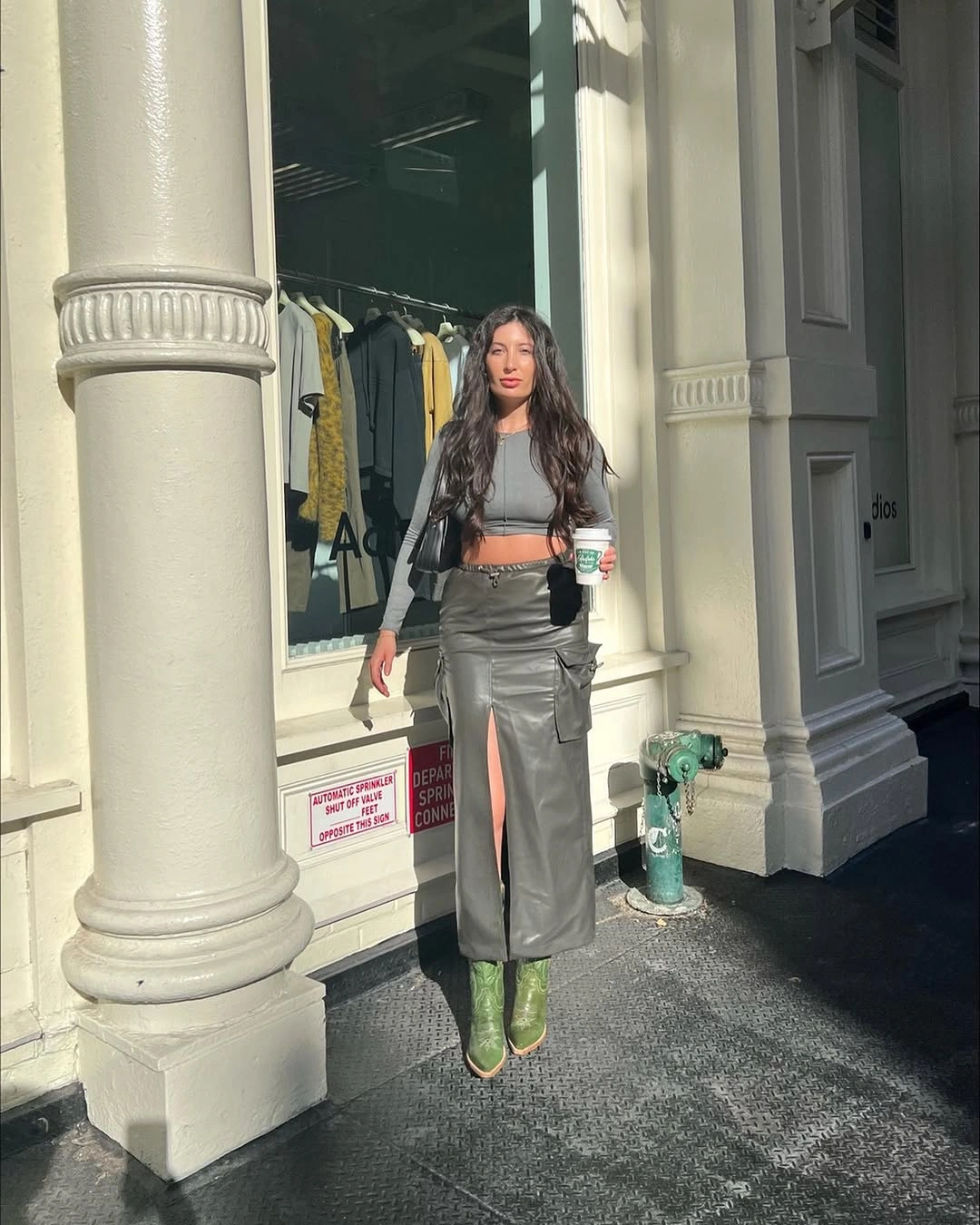 midi skirt fall outfit 2026 + Slate Leather Cargo Midi With Green Western Boots